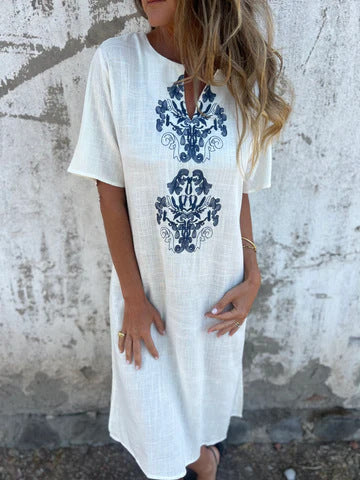 Spring and summer round neck fashion loose printed long dress robe