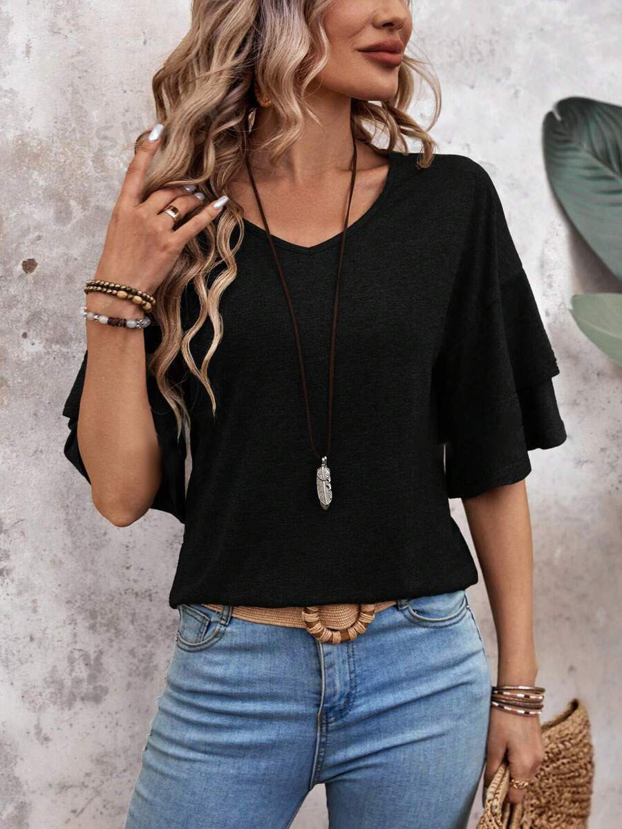 summer solid-color V-neck double-layer sleeve loose short-sleeve T-shirt