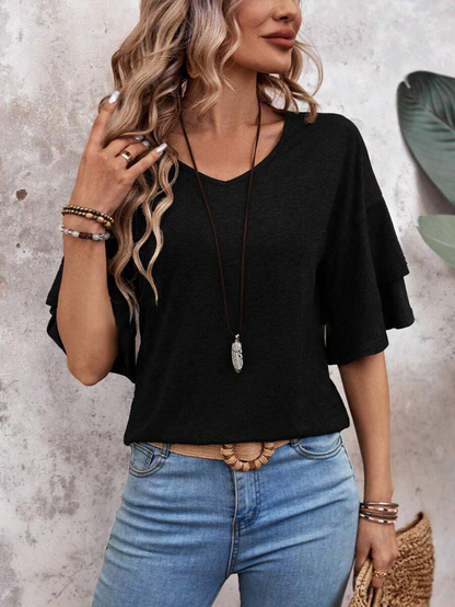 summer solid-color V-neck double-layer sleeve loose short-sleeve T-shirt
