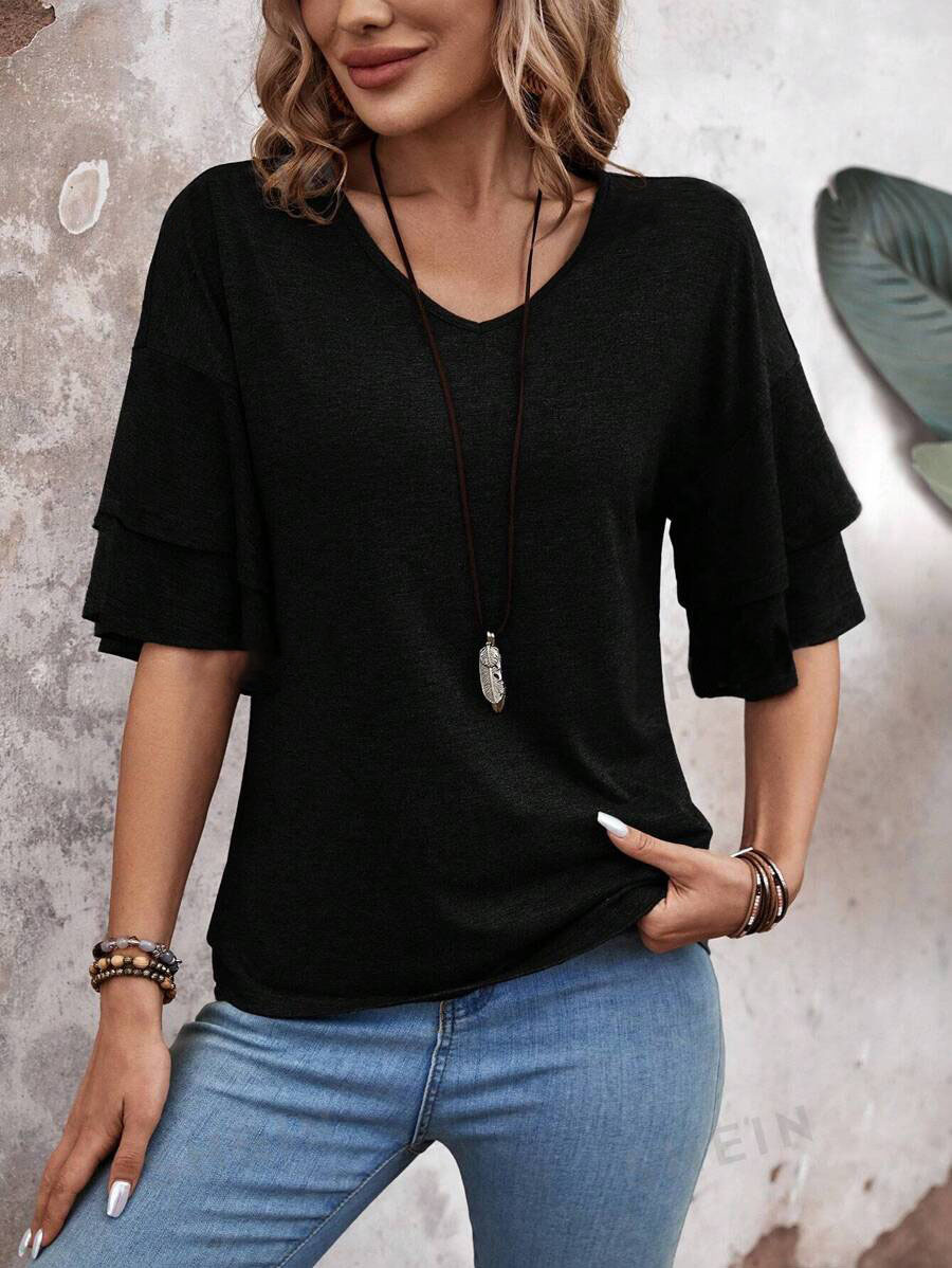 summer solid-color V-neck double-layer sleeve loose short-sleeve T-shirt