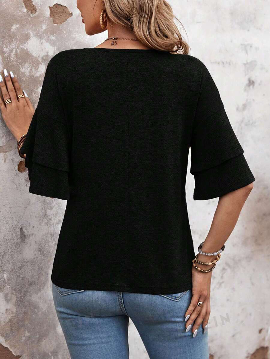 summer solid-color V-neck double-layer sleeve loose short-sleeve T-shirt