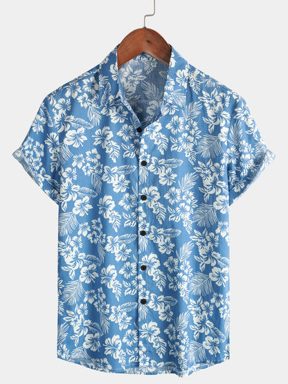 Men's Blue Tropical Floral Plant Leaf Cotton Button Up Short Sleeve Aloha Resort Beach Shirt