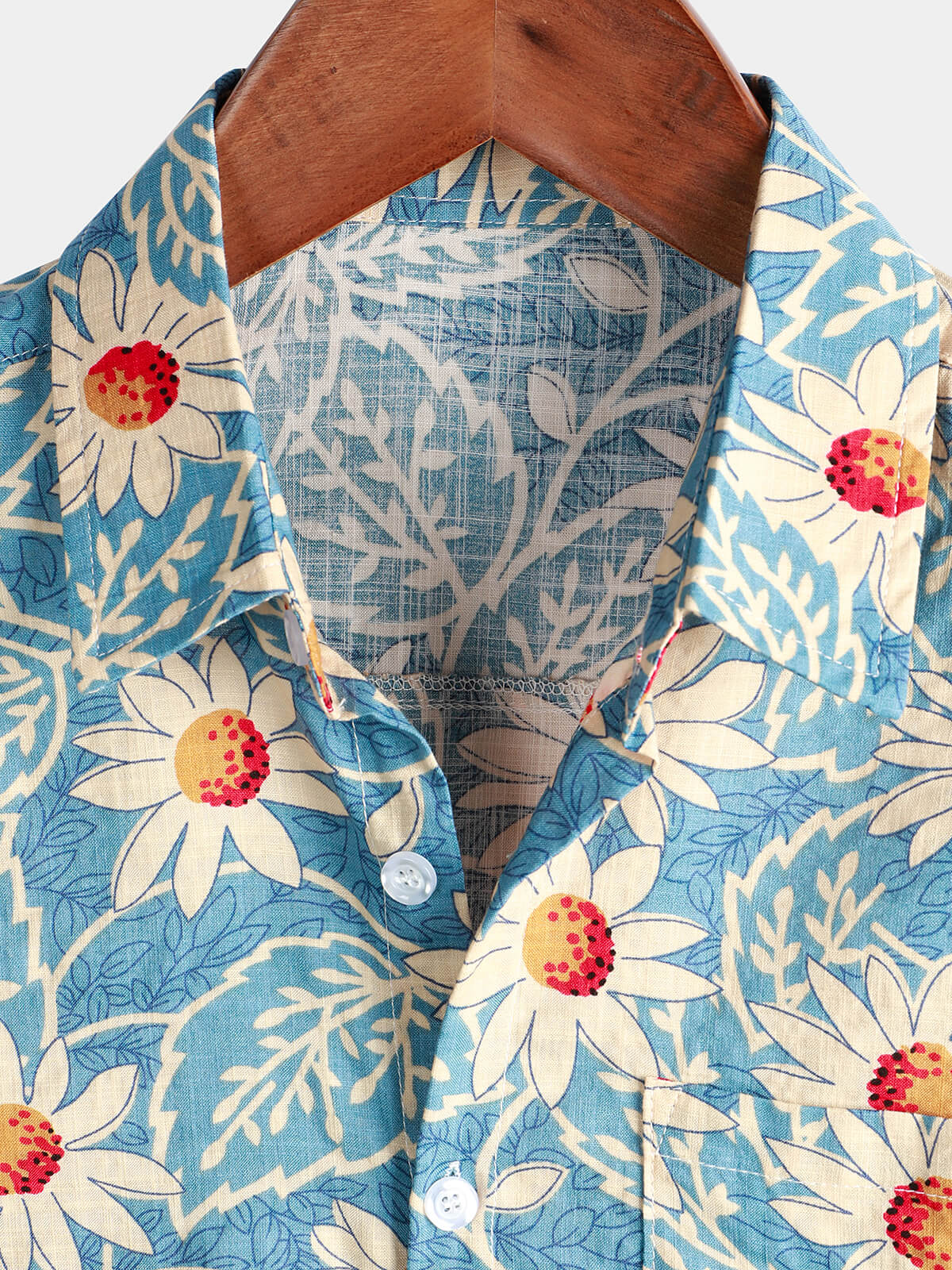 Men's Retro Beach Hawaiian Cotton Holiday Button Up Blue Short Sleeve Floral Shirt