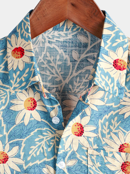 Men's Retro Beach Hawaiian Cotton Holiday Button Up Blue Short Sleeve Floral Shirt