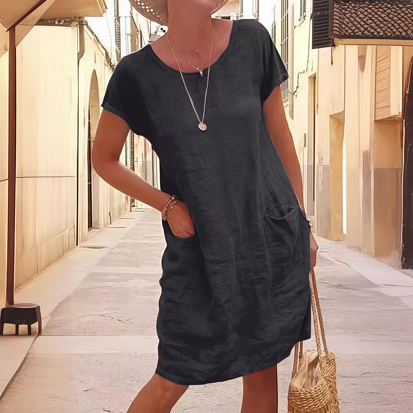 Loose Solid Color Pocket Short-Sleeved Round Neck Washed Cotton-Linen Dress for Women