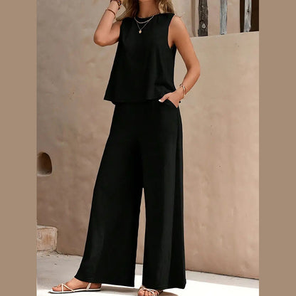 2025 Solid color elegant two-piece crewneck vest and wide-leg pants suit for women
