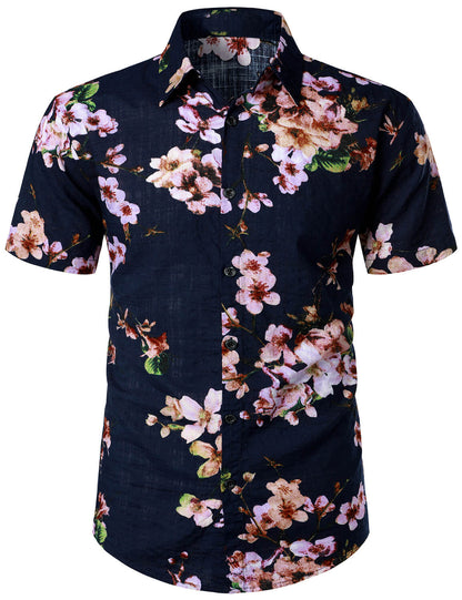 Men's Flower Print Cotton Floral Hawaiian Button Up Short Sleeve Shirt