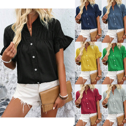 Casual short-sleeved gathered buttoned solid-color cotton-linen stand-collar shirt