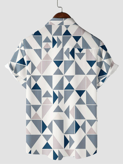Men's Casual Art Blue and White Triangle Geometric Print Short Sleeve Summer Beach Button Up Shirt