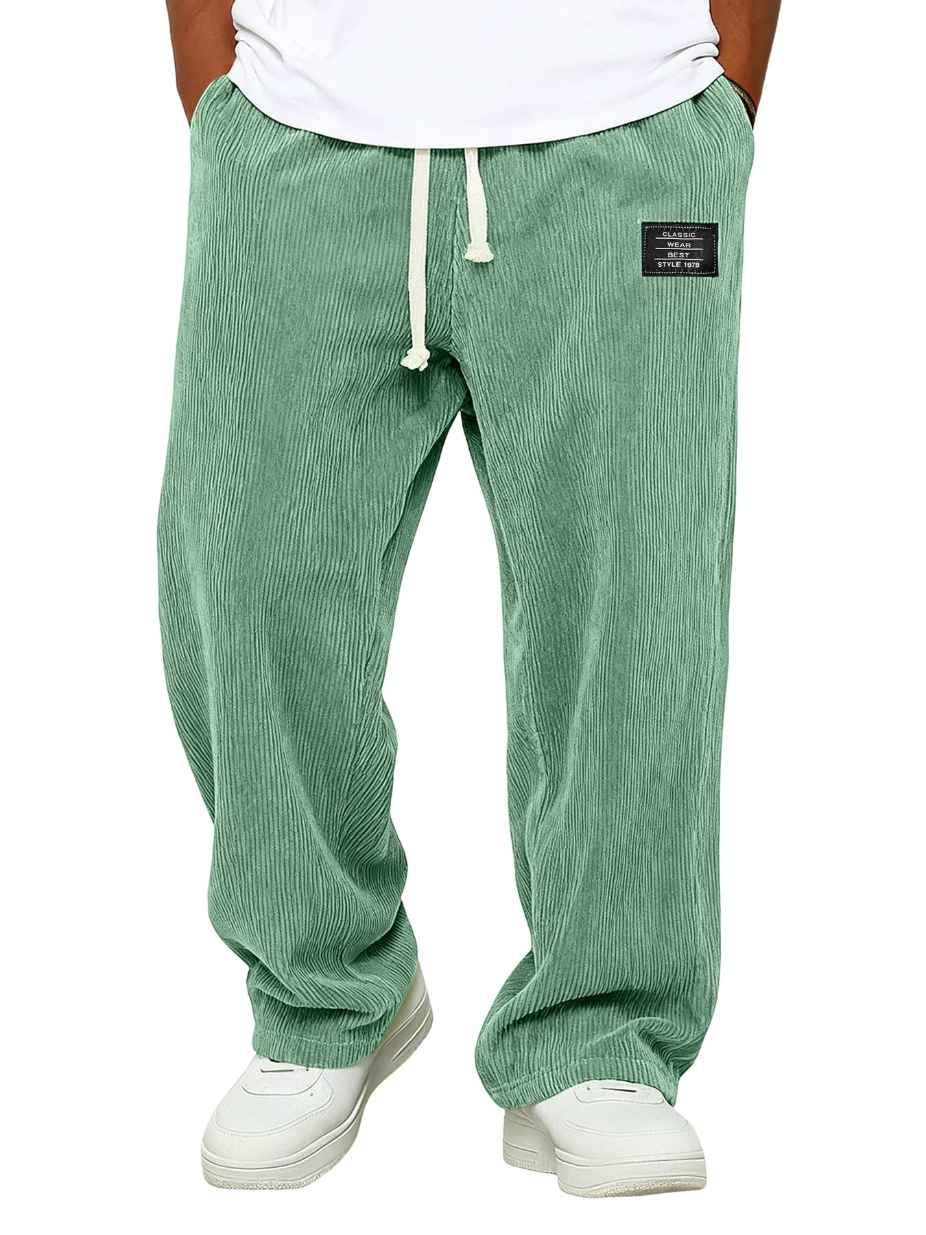 Simple Corduroy Embroidered Logo Loose-fitting Trousers With Elastic Waist