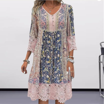 Spring-Summer Vintage Printed Lace Trim Dress