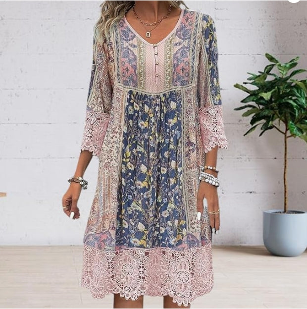Spring-Summer Vintage Printed Lace Trim Dress