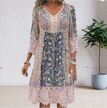 Spring-Summer Vintage Printed Lace Trim Dress