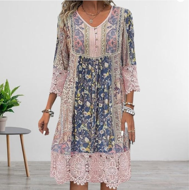 Spring-Summer Vintage Printed Lace Trim Dress