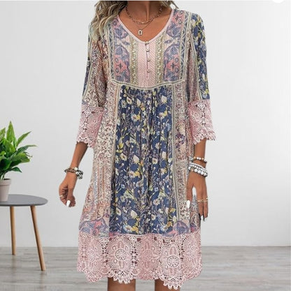 Spring-Summer Vintage Printed Lace Trim Dress