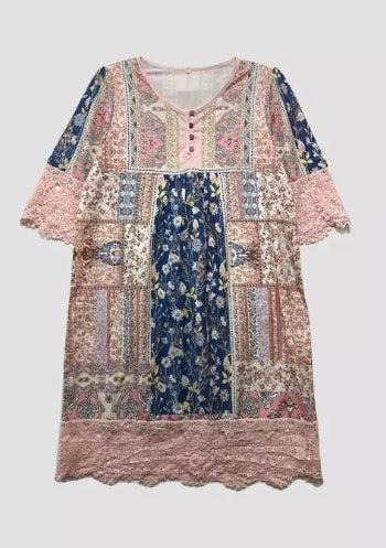 Spring-Summer Vintage Printed Lace Trim Dress