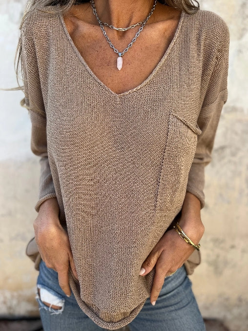 V-neck long-sleeve pocket casual knit top