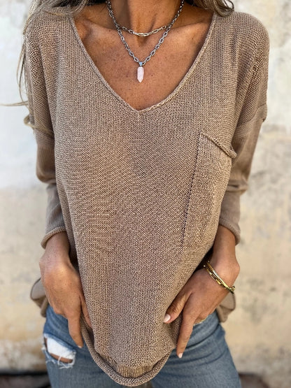 V-neck long-sleeve pocket casual knit top