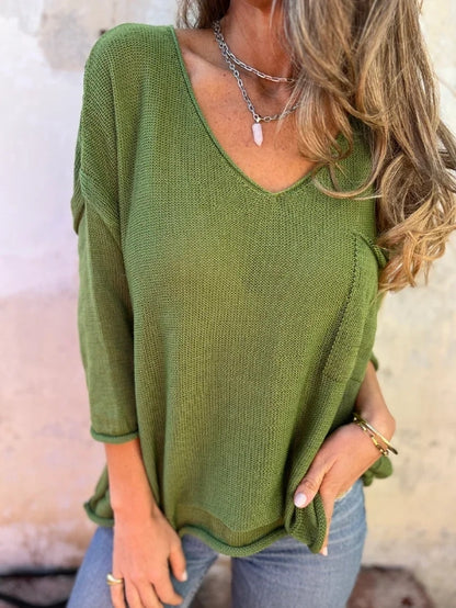 V-neck long-sleeve pocket casual knit top