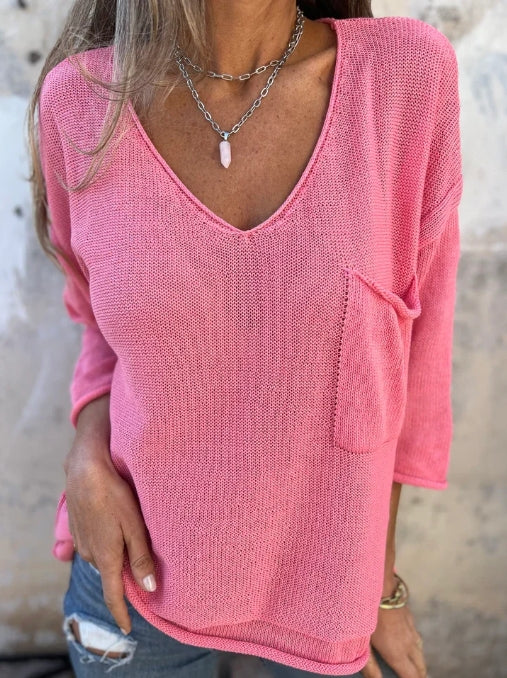 V-neck long-sleeve pocket casual knit top