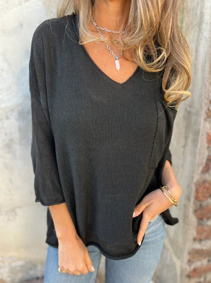 V-neck long-sleeve pocket casual knit top