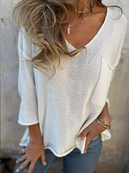 V-neck long-sleeve pocket casual knit top