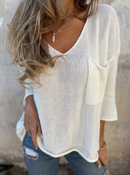 V-neck long-sleeve pocket casual knit top