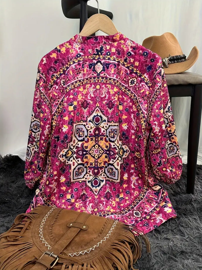 Popular fashion summer stand collar loose button retro print casual shirt