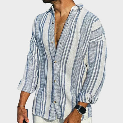 3D digital printing striped men's casual long-sleeved cotton and linen shirt