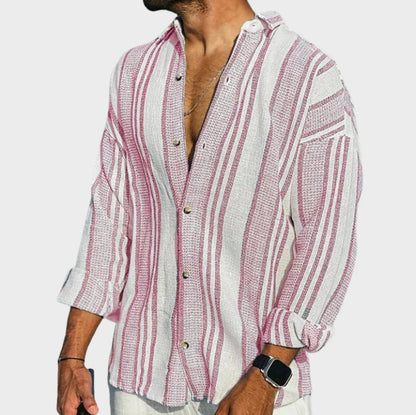 3D digital printing striped men's casual long-sleeved cotton and linen shirt