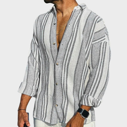 3D digital printing striped men's casual long-sleeved cotton and linen shirt