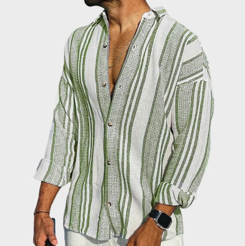 3D digital printing striped men's casual long-sleeved cotton and linen shirt