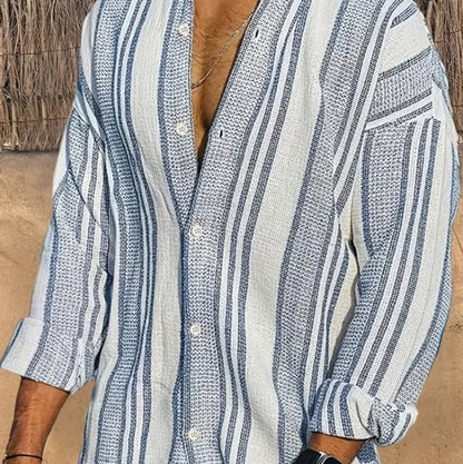 3D digital printing striped men's casual long-sleeved cotton and linen shirt