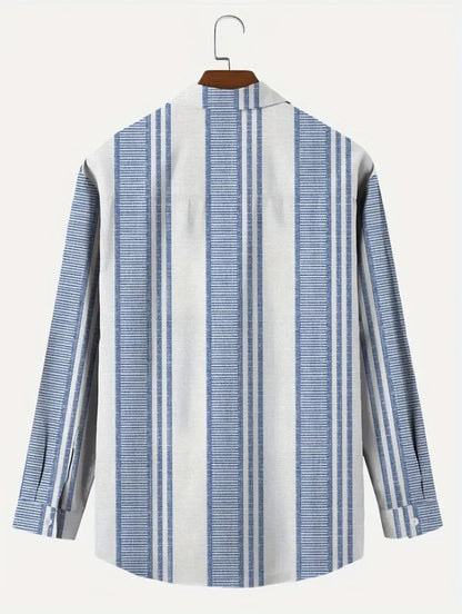 3D digital printing striped men's casual long-sleeved cotton and linen shirt