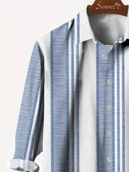 3D digital printing striped men's casual long-sleeved cotton and linen shirt
