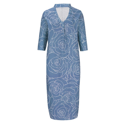 Summer Casual Loose Slit V-Neck Printed Faux Linen Dress