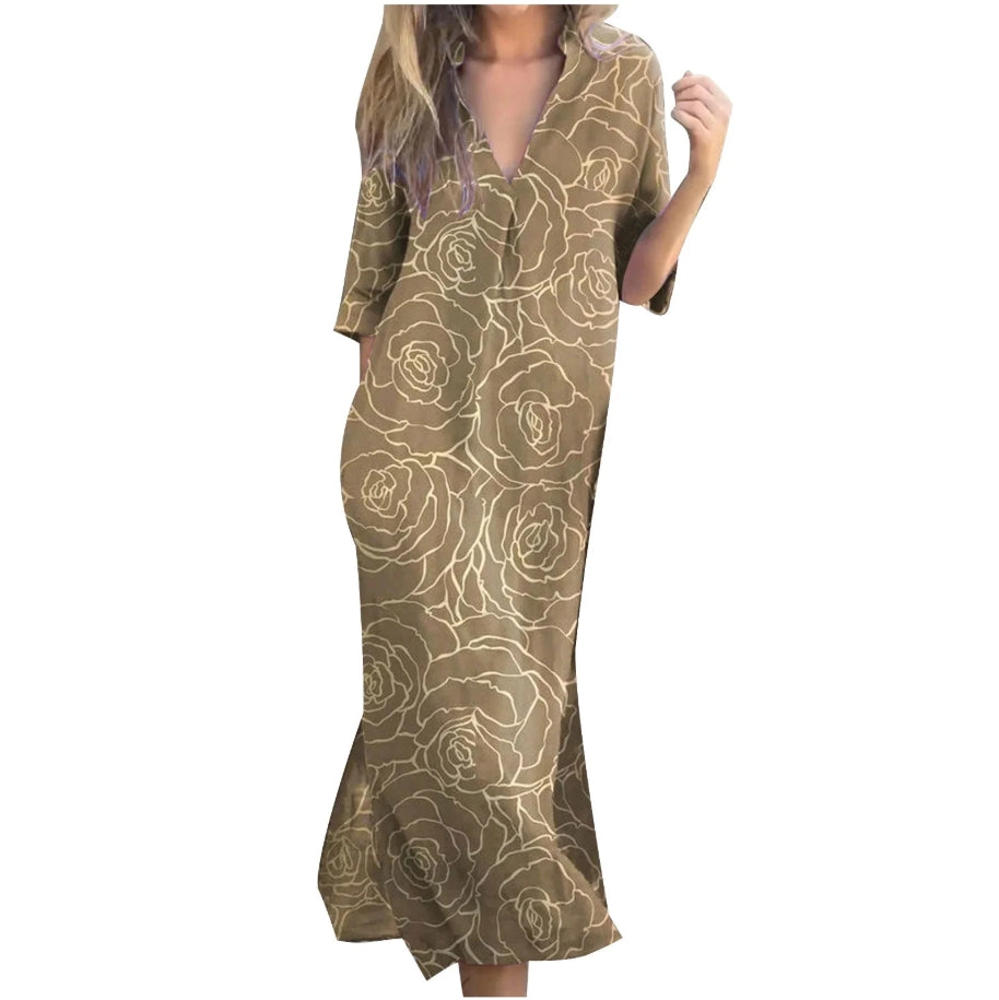 Summer Casual Loose Slit V-Neck Printed Faux Linen Dress