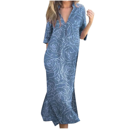 Summer Casual Loose Slit V-Neck Printed Faux Linen Dress