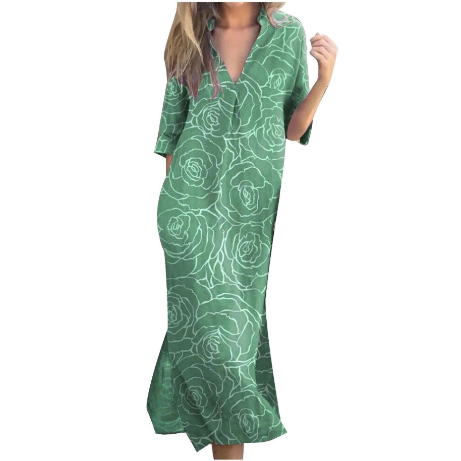 Summer Casual Loose Slit V-Neck Printed Faux Linen Dress