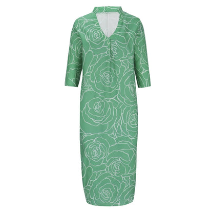 Summer Casual Loose Slit V-Neck Printed Faux Linen Dress