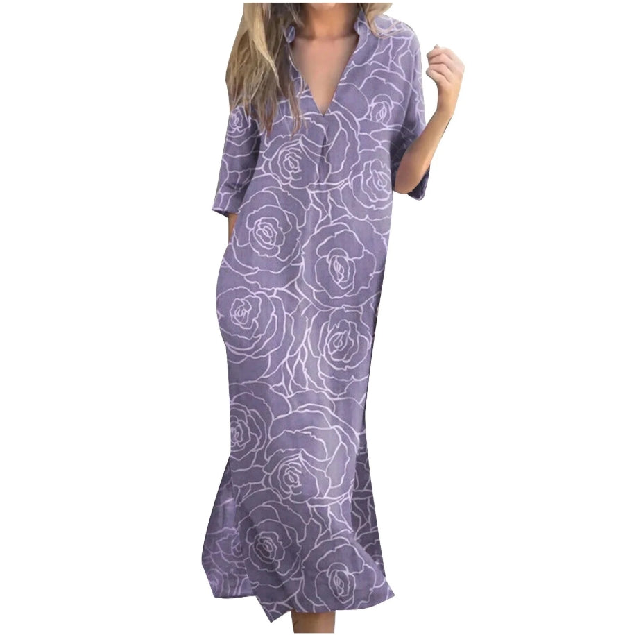 Summer Casual Loose Slit V-Neck Printed Faux Linen Dress