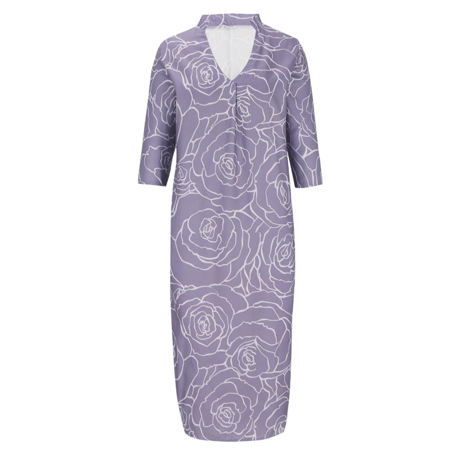 Summer Casual Loose Slit V-Neck Printed Faux Linen Dress