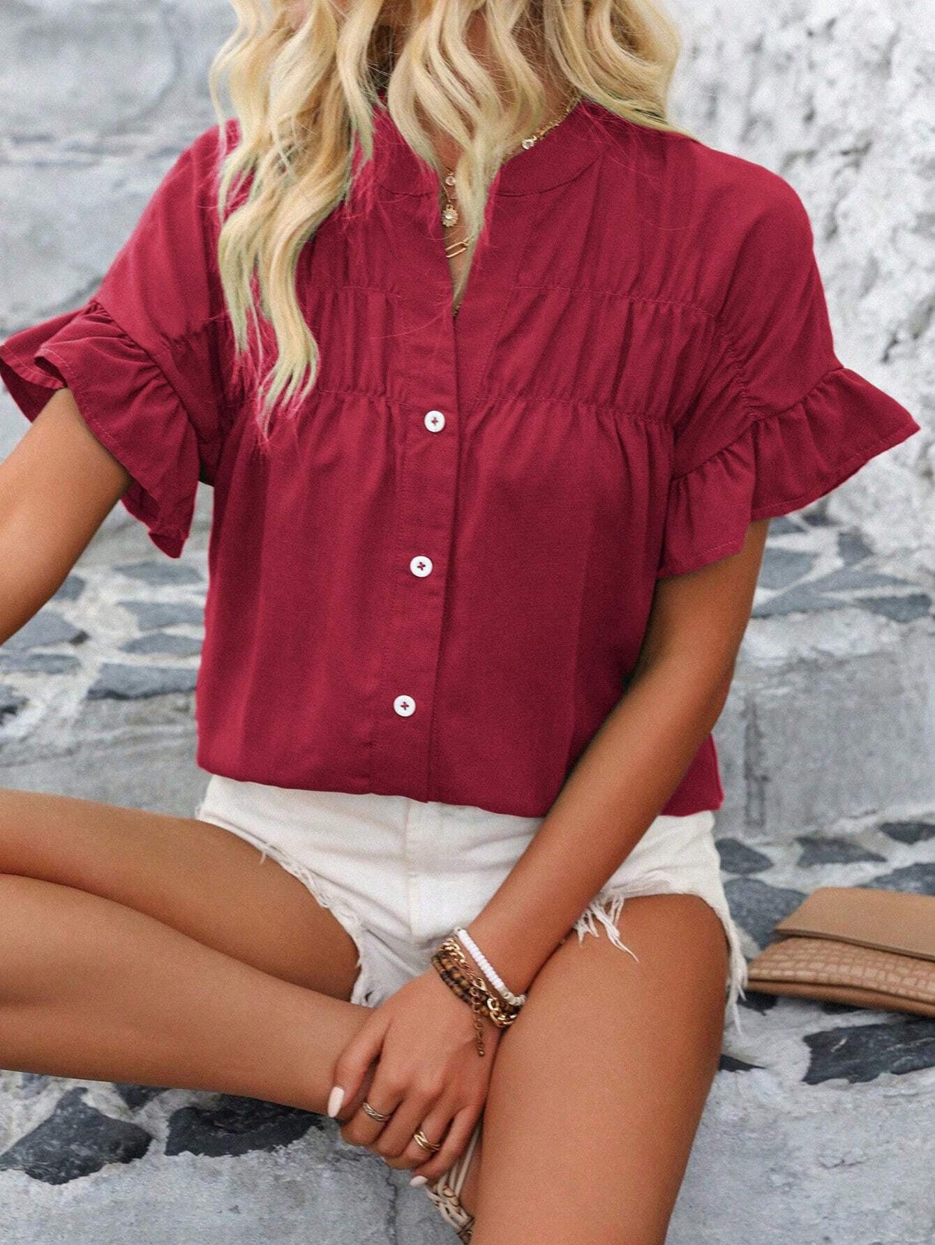 Casual short-sleeved gathered buttoned solid-color cotton-linen stand-collar shirt