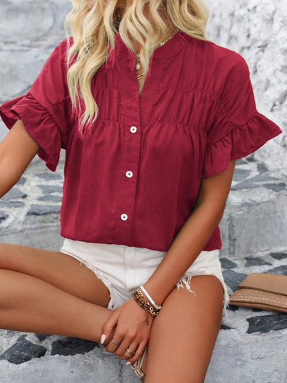 Casual short-sleeved gathered buttoned solid-color cotton-linen stand-collar shirt