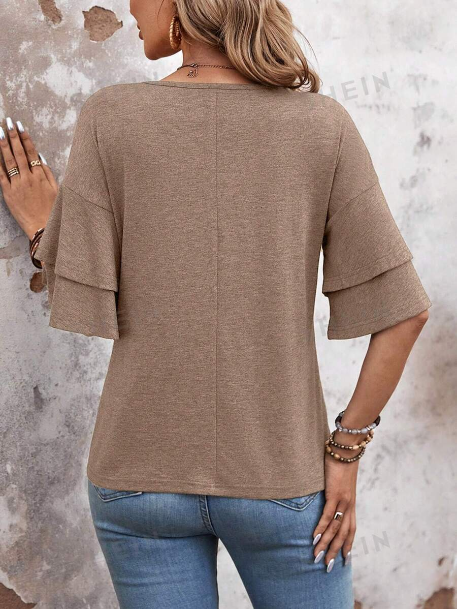summer solid-color V-neck double-layer sleeve loose short-sleeve T-shirt