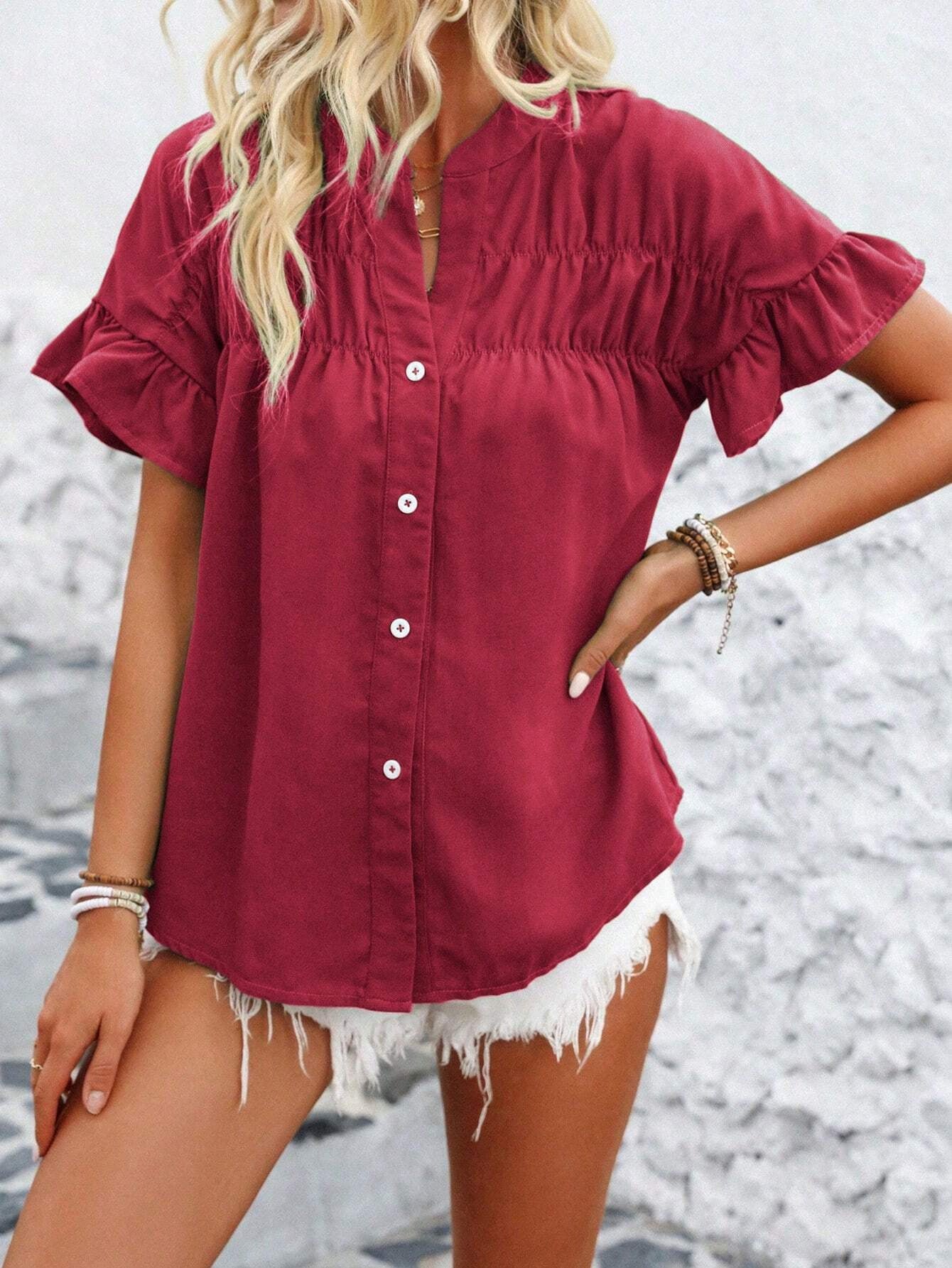 Casual short-sleeved gathered buttoned solid-color cotton-linen stand-collar shirt