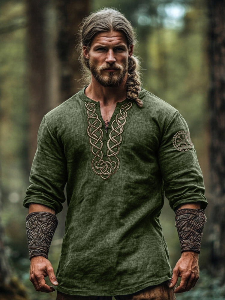 Men's Vintage Viking Symbol Linen V-neck Shirt