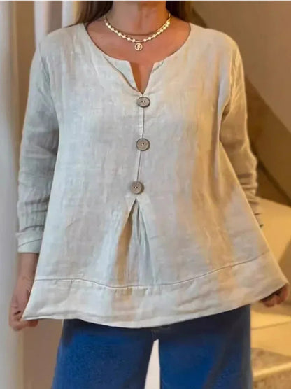 Women's solid-color casual cotton-linen V-neck shirt