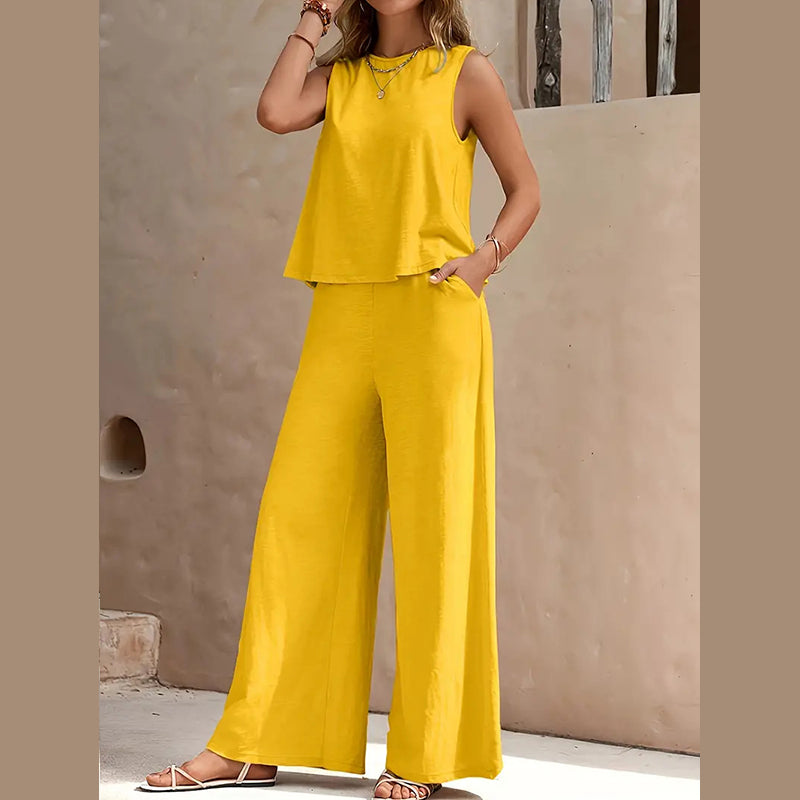 2025 Solid color elegant two-piece crewneck vest and wide-leg pants suit for women