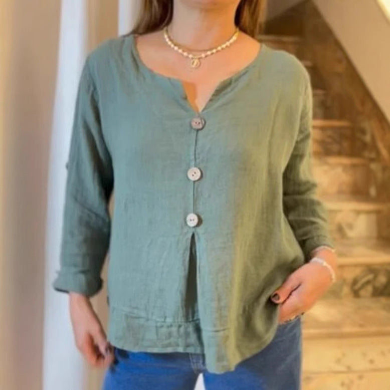 Women's solid-color casual cotton-linen V-neck shirt